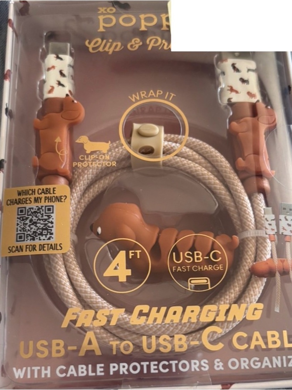 Poppy Viral Dachshund USB-A to USB-C Cable with Brown & Cream Dog Protectors